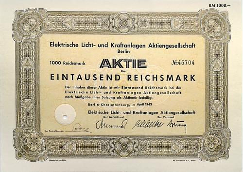 Акция на 1000 RM Elektrische Licht- und Kraftanlagen AG Berlin 1943 Германия Mt 21