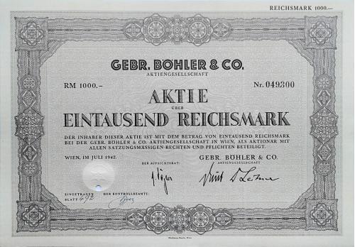 Акция на 1000 RM Gebr. Bohler &amp; Co. AG 1942 Германия Mt 23