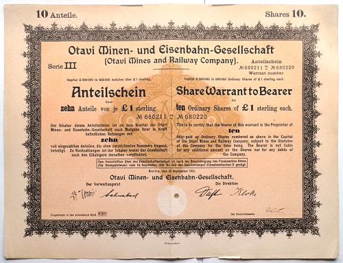 Акция на предъявителя 10/1£ Otavi Minen- und Eisenbahn-Gesellschaft 1921 г. Mt 25