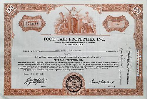 Акция Сертификат на 3 Акции Food Fair Properties Inc. 1974 США Mt 08