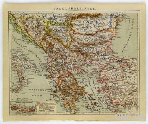 Карта Балканский полуостров 1892-95 Германия Оригинал Fv8.8
