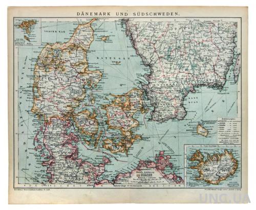 Карта Дания и Юг Швеции 1892-95 Германия Оригинал Fv8.8
