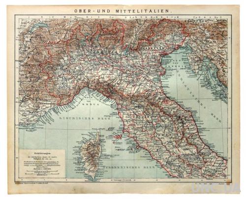 Карта Верхняя и Центральная Италия 1892-95 Германия Оригинал Fv8.8
