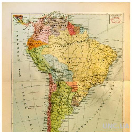 Карта Южная Америка 1893-1901 гг. ОРИГИНАЛ
