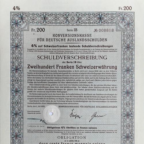 Облигация Konversionskasse Deutsche Auslandsschulden 1935 Швейцария Mt 18