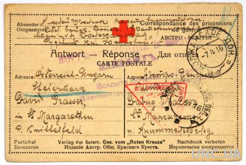 Почтовая карточка военнопленного Первая мировая, 1916 год
