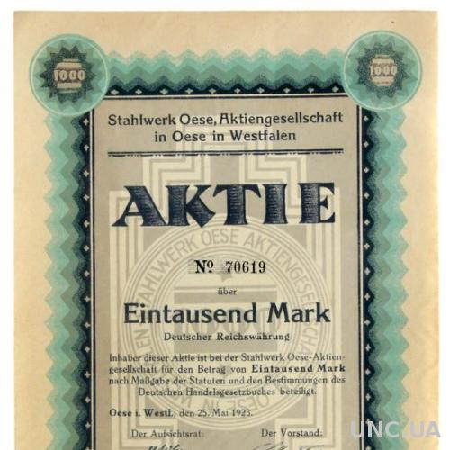 Акция Сертификат на Акцию Stahlwerk Oese AG 1923 Германия Fv8.6