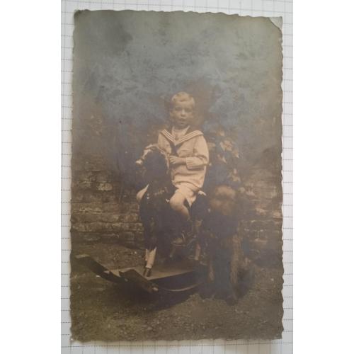 Старе фото фотокартка Хлопчик на конику і пес, поч. ХХ ст., Німеччина Sb02