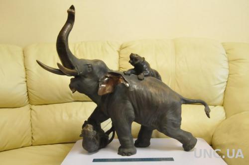 Антикварная японская бронза слон и тигр скульптура мэйдзи 56*70 СМ
