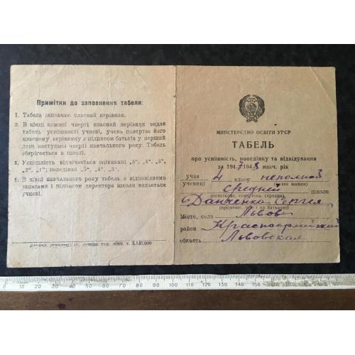 Табель про успішність школа Данченко 1948