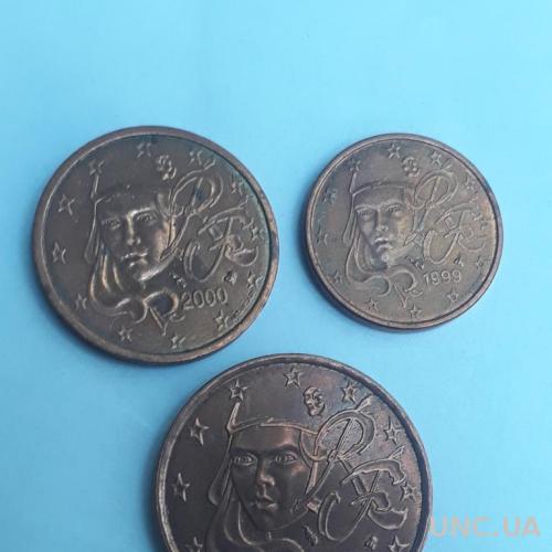 Набор 1, 2, 5 евроцентов Франция 1999 2000 евро цент центов