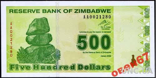 Зимбабве 500  долларов 2009 UNC