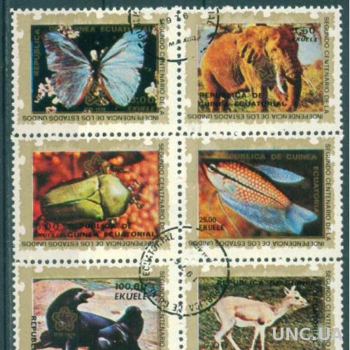 Гвинея Экватор. - Фауна - Насекомые - Млекопитающие - Птицы - 6 марок - Сцепка