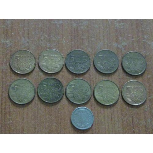 Польща 5 грошей 1990,2005,2006,2008,2011,2018,2019.10 грошей 1998.