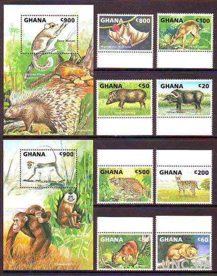 Гана,фауна,обезьяна,мышь,2 блока+8 марок-41 михель евро