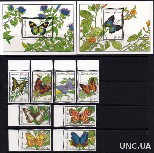 Сьерра Леоне,бабочки,2 блока+8 марок-60михель евро