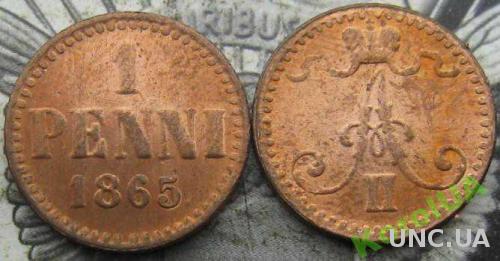 Монета 1 пени Русская Финляндия 1865 медь Александр 2 R