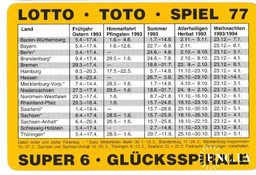 Календарик 1993 Германия, Лотерея
