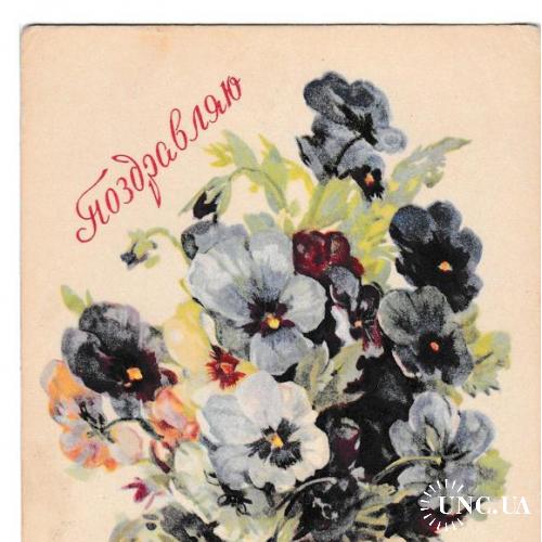 Открытка 1959 Поздравляю, цветы, Гознак, худ. Хвостенко, подписана

