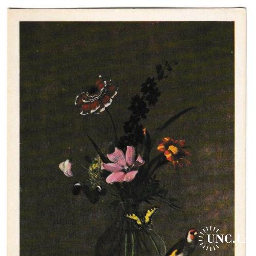Открытка 1972 Живопись, искусство, Букет цветов, бабочка и птичка, худ. Толстой
