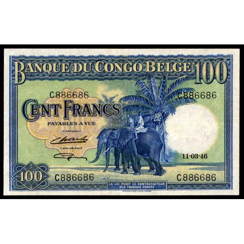 БЕЛЬГИЙСКОЕ КОНГО 17c BELGIAN CONGO 100 FRANCS 1946 Unc