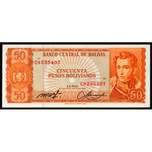 БОЛИВИЯ 162a(20) BOLIVIA MILTON PAZ-VIZCARRA; 50 PESOS BOLIVIANOS 1962 Unc