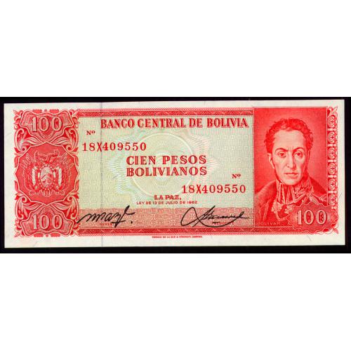 БОЛИВИЯ 163a BOLIVIA MILTON PAZ-VIZCARRA; 18X 100 BOLIVANOS 1962 Unc