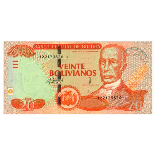 БОЛИВИЯ 244(2) BOLIVIA SERIES J 20 BOLIVIANOS 1986(2015) Unc