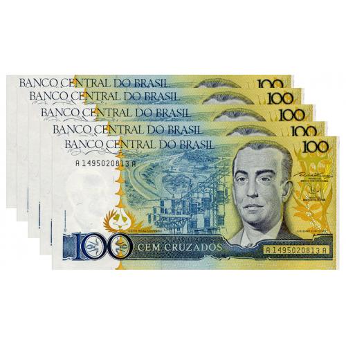 БРАЗИЛИЯ 211b BRAZIL; ЛОТ 5 ШТУК; 100 CRUZADOS ND(1986-88); Unc
