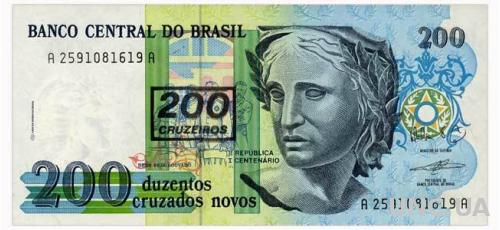 БРАЗИЛИЯ 225b BRAZIL 200 CRUZEIROS ND(1990) Unc