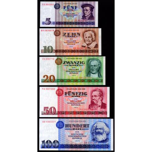 ГДР 31 GERMANY DEMOCRATIC REPUBLIC; 5 БАНКНОТ: 5-10-20-50-100 MARK 1971-75 Unc
