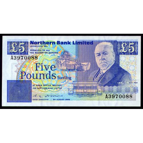 ИРЛАНДИЯ 193a IRELAND NORTHERN; NORTHERN BANK LIMITED; 5 POUNDS 1989; Unc
