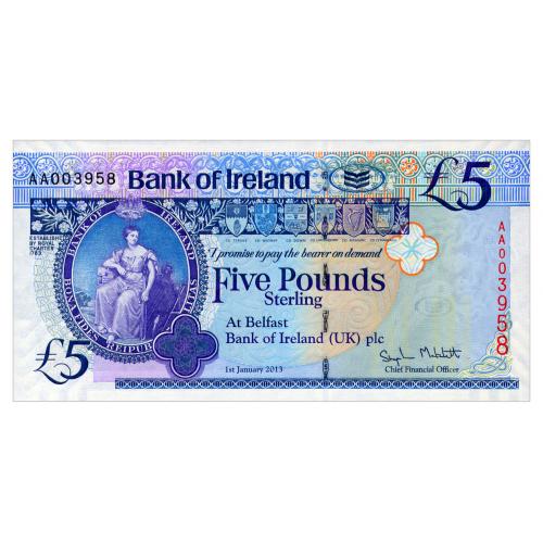ИРЛАНДИЯ 86 IRELAND NORTHERN; BANK OF IRELAND; AA 003958 5 POUNDS 2013 Unc