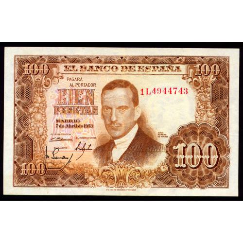 ИСПАНИЯ 145 SPAIN; 1L4944743; 100 PESETAS 1953 VF/XF