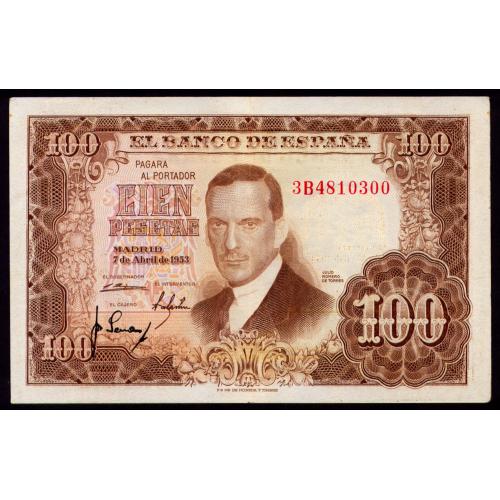 ИСПАНИЯ 145 SPAIN; 3B4810300; 100 PESETAS 1953 VF/XF