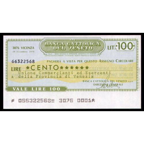 ИТАЛИЯ PNL ITALY BANCA CATTOLICA DEL VENETO 100 LIRE 29.12.1976 Unc