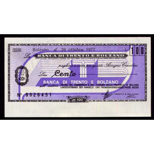 ИТАЛИЯ PNL ITALY BANCA DI TRENTO E BOLZANO 100 LIRE 26.10.1977 Unc