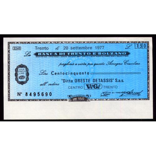 ИТАЛИЯ PNL ITALY BANCA DI TRENTO E BOLZANO 150 LIRE 20.09.1977 Unc