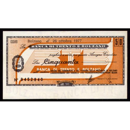 ИТАЛИЯ PNL ITALY BANCA DI TRENTO E BOLZANO 50 LIRE 26.10.1977 Unc