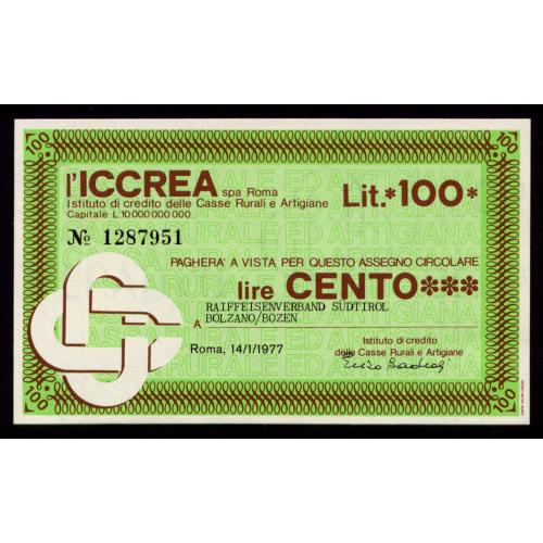 ИТАЛИЯ PNL ITALY L'ICCREA 100 LIRE 14.01.1977 Unc