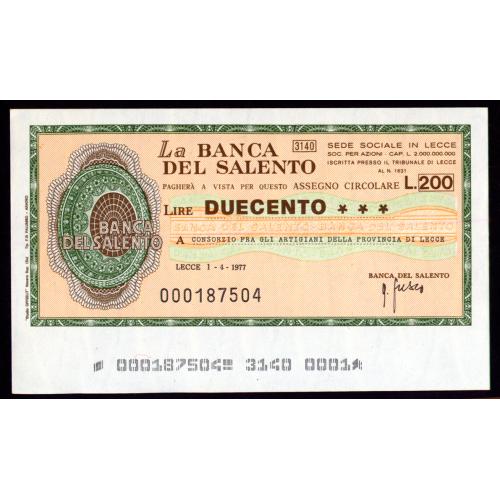 ИТАЛИЯ PNL ITALY LA BANCA DEL SALENTO 200 LIRE 01.04.1977 Unc