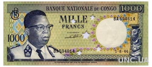 КОНГО 8a CONGO DEMOCRATIC REPUBLIC 1000 FRANCS 1964 aUnc