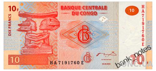 КОНГО 93A CONGO DEMOCRATIC REPUBLIC G&amp;D 10 FRANCS 2003 Unc