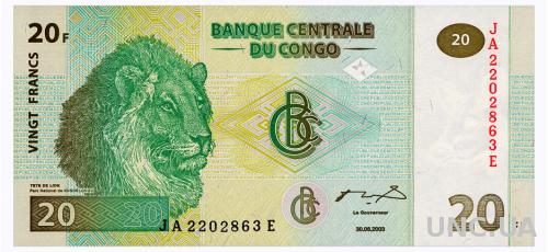 КОНГО 94а CONGO DEMOCRATIC REPUBLIC HdM-B.O.C 20 FRANCS 2003 Unc