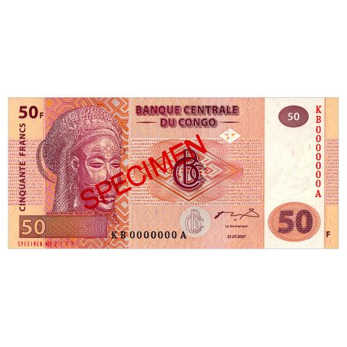 КОНГО 97 CONGO DEMOCRATIC REPUBLIC SPECIMEN 50 FRANCS 2007 Unc