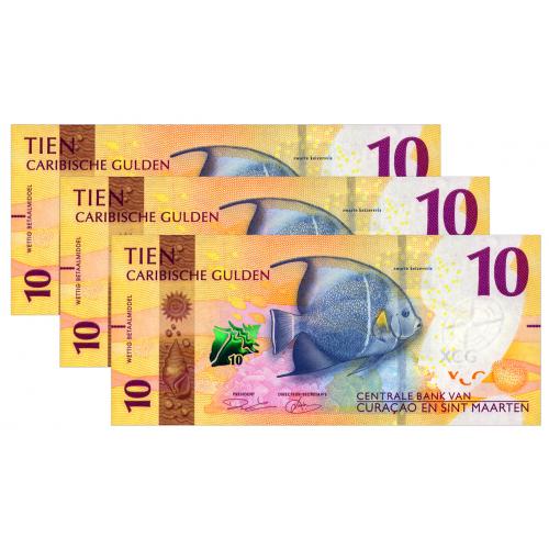 КЮРАСАО І СІНТ-МАРТЕН 1 CURACAO AND SINT MAARTEN; ЛОТ 3 ШТУКИ, НОМЕРА ПОДРЯД;  10 GULDEN 2025 Unc