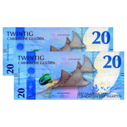 КЮРАСАО І СІНТ-МАРТЕН 2 CURACAO AND SINT MAARTEN; ЛОТ 2 ШТУКИ, НОМЕРА ПОДРЯД; 20 GULDEN 2025 Unc