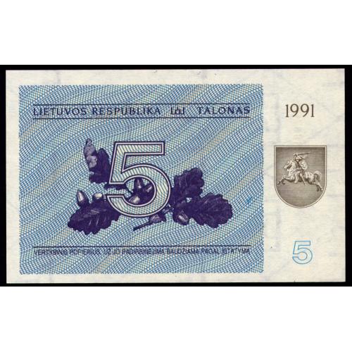 ЛИТВА 34b LITHUANIA 5 TALONAS 1991 Unc