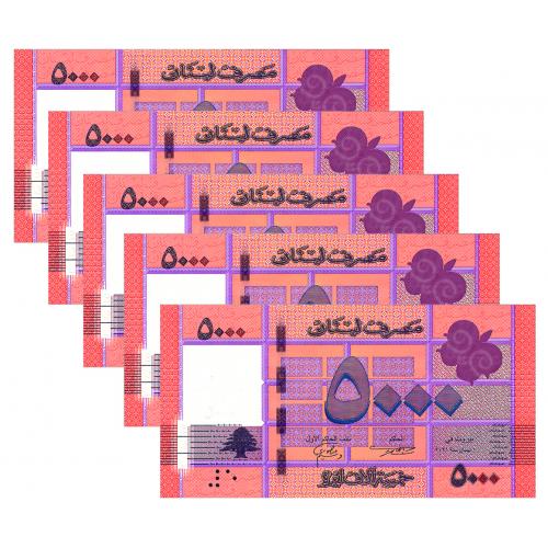 ЛИВАН 91 LEBANON; ЛОТ 5 ШТУК, НОМЕРА ПОДРЯД; 5000 LIVRES 2021 Unc
