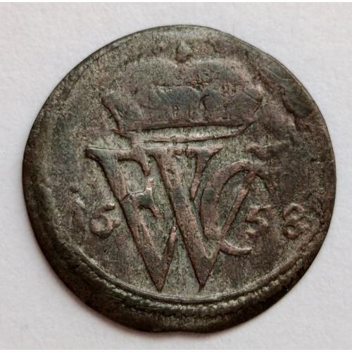 М1 ГЕРМАНИЯ БРАНДЕНБУРГ-ПРУССИЯ; ФРИДРИХ-ВИЛЬГЕЛЬМ; 1 СОЛИД (SHILLING, 1/32 THALER) 1658; KM # 288